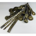 Nine various martingales hung horse brasses