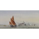 Peter Hilliard, watercolour signed, "Shipping of Harwich" label en verso 12cm x 24cm