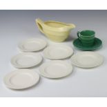 Six Wedgwood moonstone dishes 13cm, a ditto tea cup and saucer (matt green), a Wedgwood matt straw