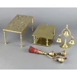 A 19th Century rectangular pierced brass footman 11cm x 24cm x 23cm, 2 brass three bell heavy