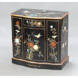 20th Century Chinese black lacquered and floral patterned bow front cabinet fitted a drawer above