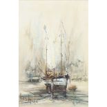 Ben Maile (1922-2017), oil on canvas signed, moored fishing boats 75cm x 50cm