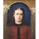 Pre-raphaelite oil on canvas unsigned, study of a young lady wearing a ruby brooch within an archway