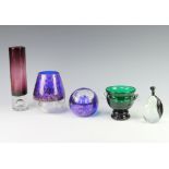 A Studio Glass 2 handled green pedestal bowl 10cm, 2 vases 10cm and 15cm, a cylindrical ditto 24cm