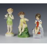 Three Royal Worcester figures - Friday's Child is Loving and Caring 15cm, Saturday's Child Works