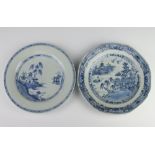 An 18th Century Chinese blue and white plate decorated with pavilions 22cm (cracked), a ditto with