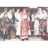 20th Century oil on canvas, interior study of Russian ladies 63cm x 89cm