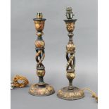 A pair of 1930's Persian style painted spiral turned table lamps 40cm h x 15cm (1 a/f)One lamp has