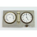 A combined desk clock and barometer mounted on a rectangular aluminium plaque, the 8 day timepiece