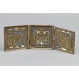 A bronze triptych icon decorated saints and other figures 16cm x 5cm