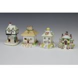 Four Coalport cottages - The Summer House 10cm, The Old Curiosity Shop 11cm, Keepers Cottage 10cm