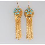 A pair of yellow metal turquoise and mesh drop earrings 14.3 grams gross, 6cm This lot is in good