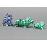 A carved malachite figure of a standing lion 5cm x 10cm x 1cm, 1 other 4cm x 6cm x 3cm (back leg a/