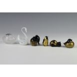 An Isle of Wight glass bird 3cm, a ditto cat 2cm, penguin 4cm, elephant 4cm, swan 4cm and an egg box