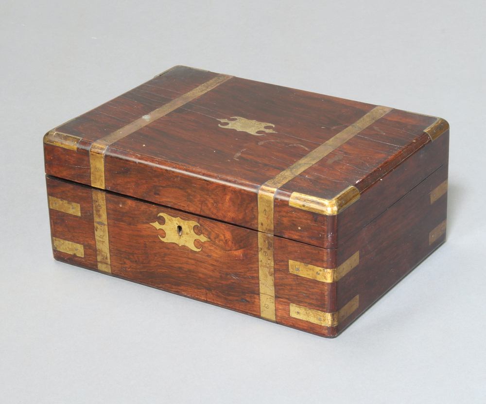 A Victorian rosewood and brass banded trinket box with hinged lid 15cm x 34cm x 35cm Cracked and