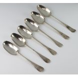 Six early Georgian silver Old English pattern tablespoons, mixed dates rubbed, 328 grams