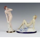 A Czechoslovakian figure of a semi-clad lady holding a dress 208 24cm, a Continental reclining