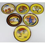 A set of 6 Wedgwood, Bizarre by Clarice Cliff plates - Applique Windmill, Lugano, Caravan,