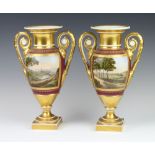 A pair of 19th Century Continental porcelain vases with twin handles decorated panels of Continental
