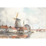 Louis Van Straaten (1836-1909), watercolour signed, Dutch canal scene with windmill and distant town