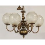 A pair of Dutch style gilt metal 6 light electroliers with etched glass shades 44cm h x 67cm