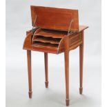 An Edwardian square inlaid mahogany writing table/secretaire with fall front, raised on square