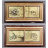 Four photographs, framed as two pairs, early 20th Century Japanese studies of figures at pursuits in