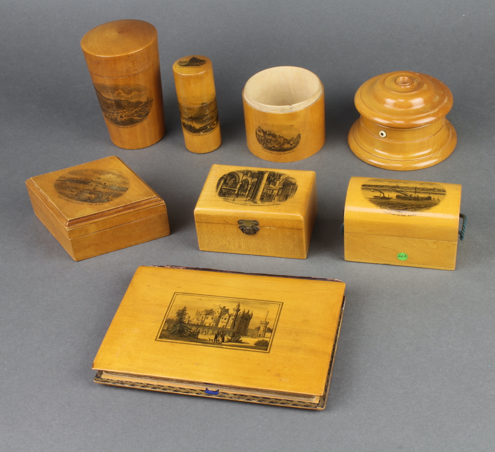 A treen string box 5cm h x 9cm diam., diamond shaped Mauchline Ware box decorated Southsea from