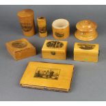 A treen string box 5cm h x 9cm diam., diamond shaped Mauchline Ware box decorated Southsea from