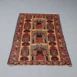 A brown and red ground Belouche rug, the centre decorated 3 buildings within a 3 row border 140cm