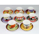 A set of 8 Wedgwood, Clarice Cliff limited edition coffee cans and saucers, Monsoon, Red Autumn,