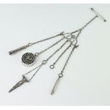 A Victorian silver chatelaine chain with 4 silver mounted accessories - cigar holder, tape