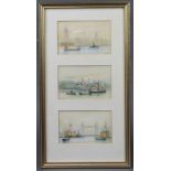 H Williamson, three watercolours framed as one, signed, studies of The Palace of Westminster, The