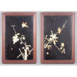 A pair of Japanese Meiji period lacquered panels with bone decoration depicting birds amongst