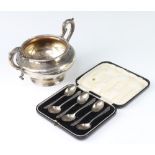 A cased set of 6 silver coffee spoons 56 grams and a silver plated sugar bowl