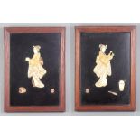 A pair of Japanese Meiji period lacquered panels with bone decoration depicting Geisha girls with