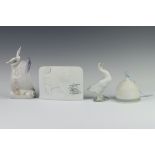 A Lladro figure of a goose 12cm, a ditto Christmas bell 6cm, 2 Collector's Society plaques