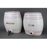A ceramic Whisky barrel and cover (chipped and cracked) together with a Gin ditto (lacking spout and