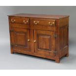 A 17th/18th Century style oak dresser base fitted 2 drawers with brass swan neck drop handles
