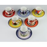 A set of 6 Wedgwood Clarice Cliff Cafe Chic coffee cups and saucers - Windmill, May Avenue,