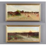 E Darley 1908, oils on canvas a pair, rural landscape with haystacks and study of figures on a