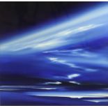 Jonathan Shaw, acrylic oil on glass, "Blue Sky" atmospheric seascape, label on verso