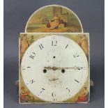 A 19th Century 8 day longcase clock movement, the 34cm arched dial decorated a figure of a lady by a