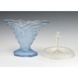 An Art Deco blue moulded flower vase with divider decorated with ladies with outstretched arms 22cm,