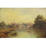 Victorian oil on canvas unsigned, a riverscape with figures in boats and distant town 15cm x 24cm