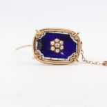 A Victorian yellow metal enamelled diamond and pearl brooch, 5 grams gross, 22mm The enamel is