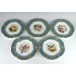 Five 19th Century dessert plates decorated with spring flowers and birds, the turquoise and gilt