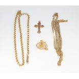 A 9ct yellow gold necklace, a flat link ditto, a cross and a penny farthing charm, 10.7 grams
