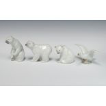 A Lladro figure of a seated polar bear 13cm, a ditto 9cm, a walking ditto 10cm and a goose 12cm