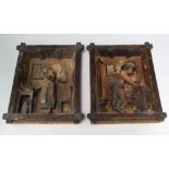 A pair of 19th Century German ceramic wall plaques in faux rustic frames depicting a lady and